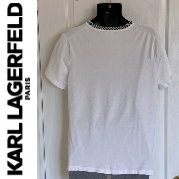 KARL LAGERFELD PARIS white knit t-shirt with black neck trim, XL - Picture 7 of 16